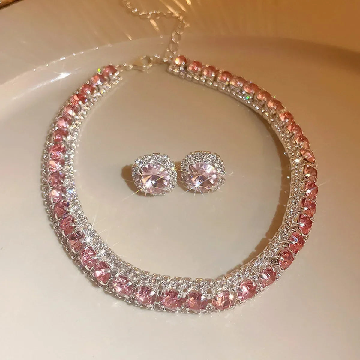 Luxury Pink Crystal Necklace Earrings Set