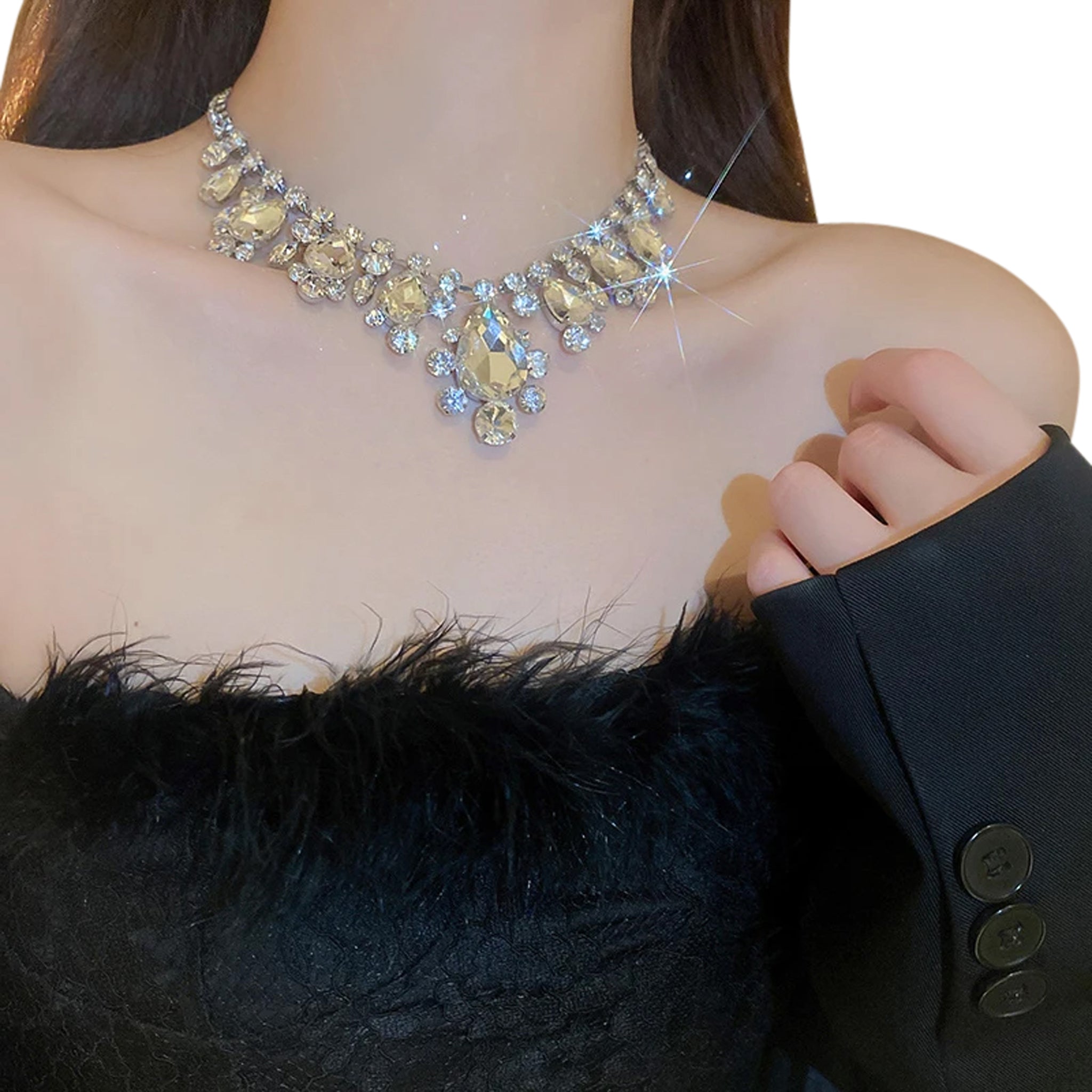 Luxury Rhinestone Water Drop Necklace Elegant Women Jewelry (Silver)