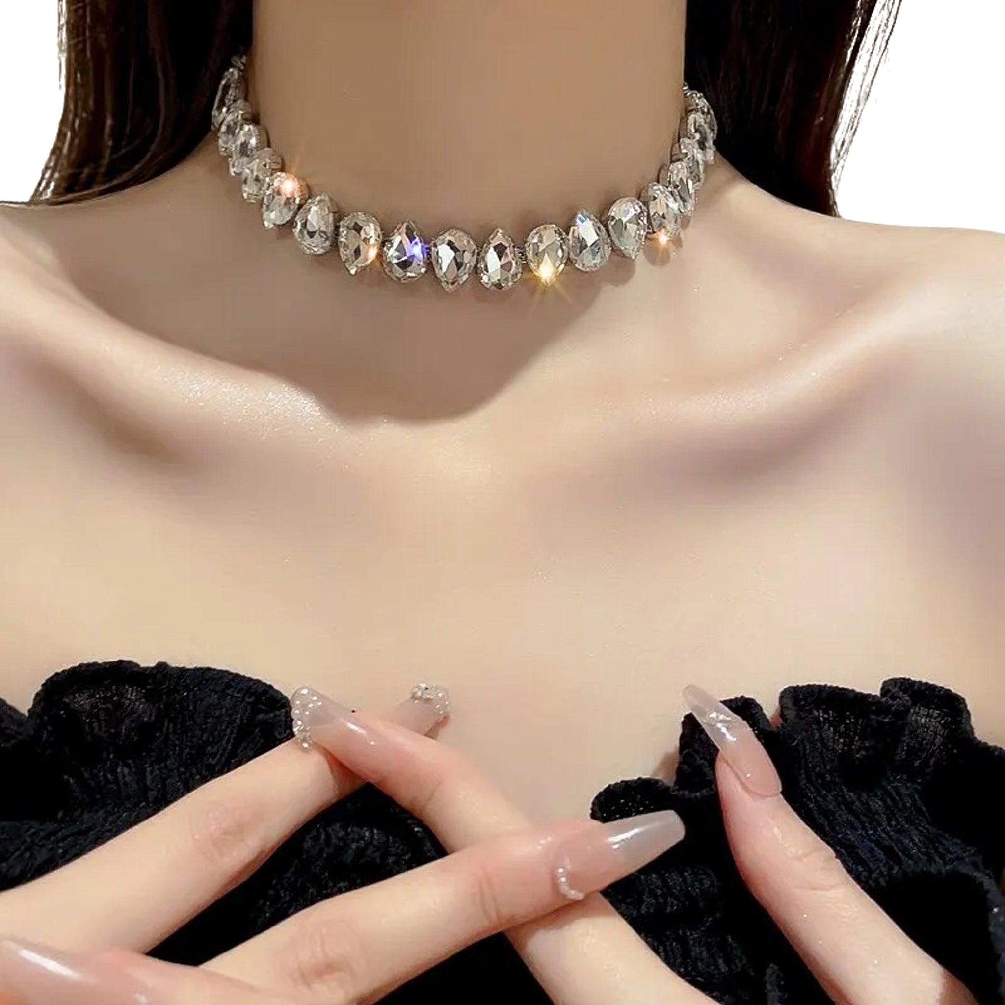 Rhinestone Water Drop Choker Women Luxury Necklace (Clear)