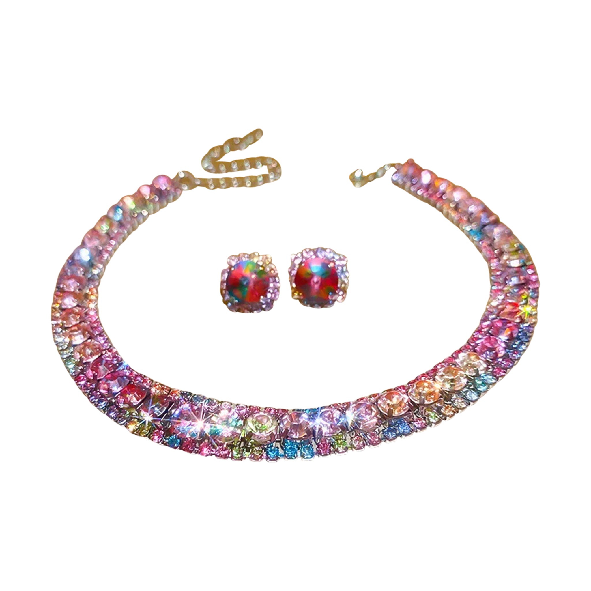 Luxury Square Necklace Earrings Set Elegant Women Jewelry (Pink)