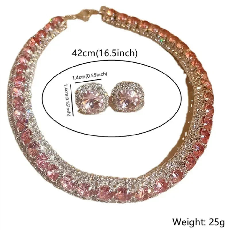 Luxury Pink Purple Crystal Necklace Earrings Set
