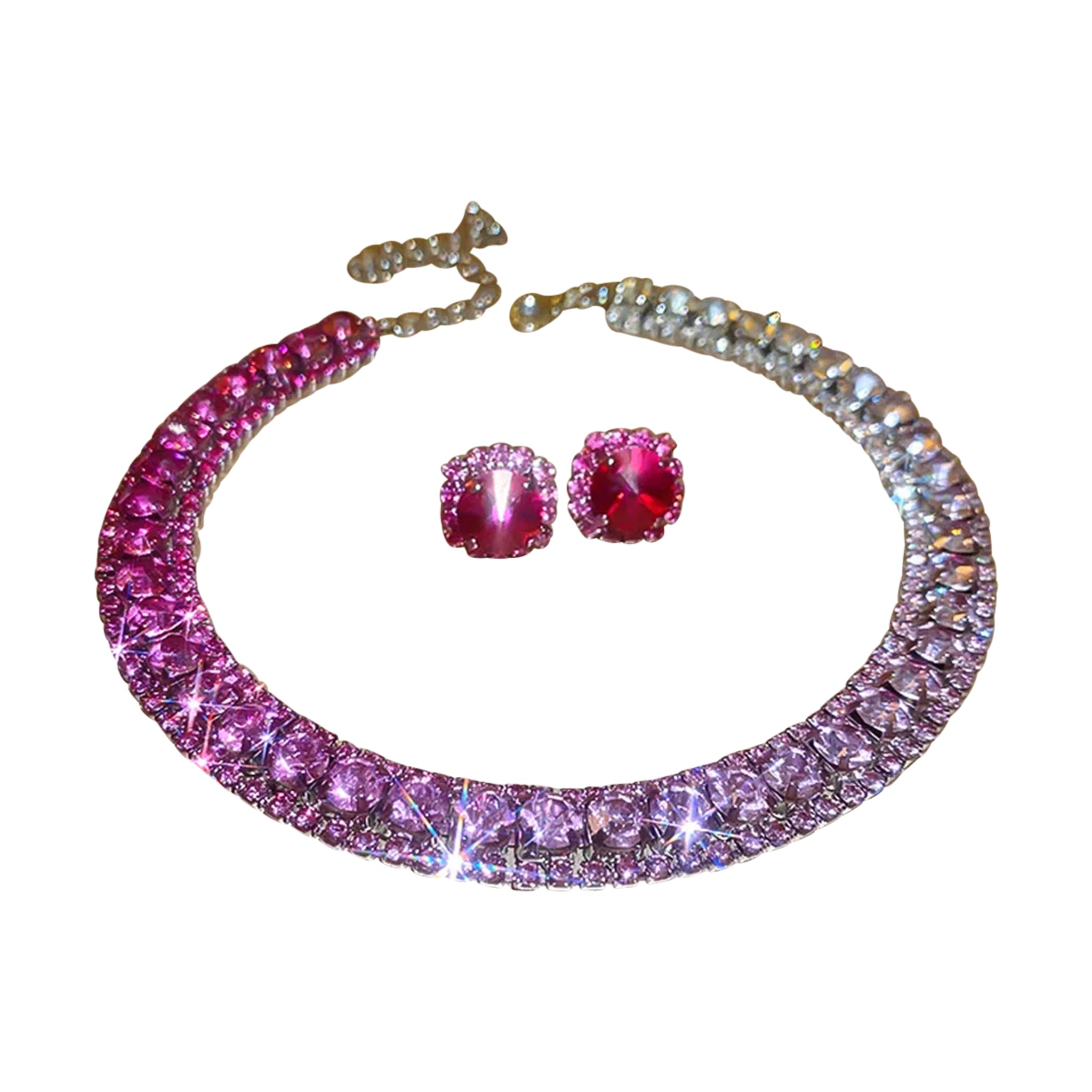 Luxury Square Necklace Earrings Set Elegant Women Jewelry (Pink)
