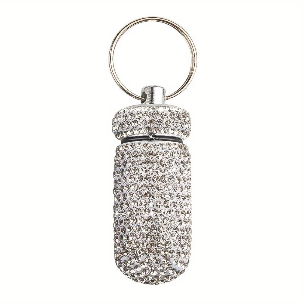Rhinestone Pill Container Waterproof Portable Keychain Medicine Holder (Multicolour)