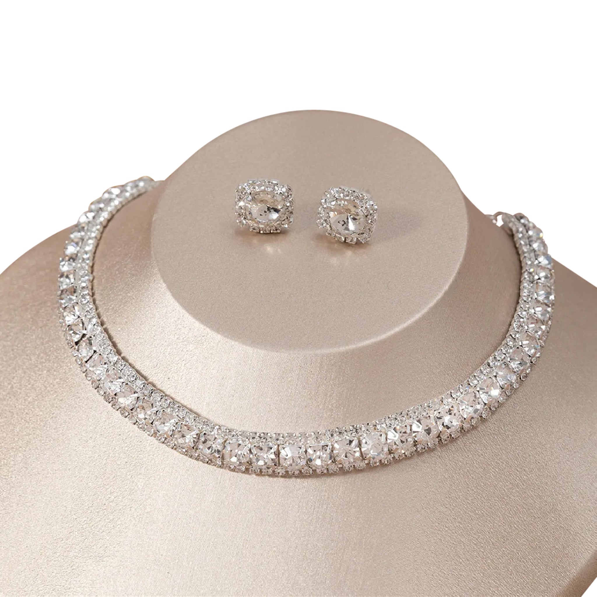 Luxury Square Necklace Earrings Set Elegant Women Jewelry (Pink)