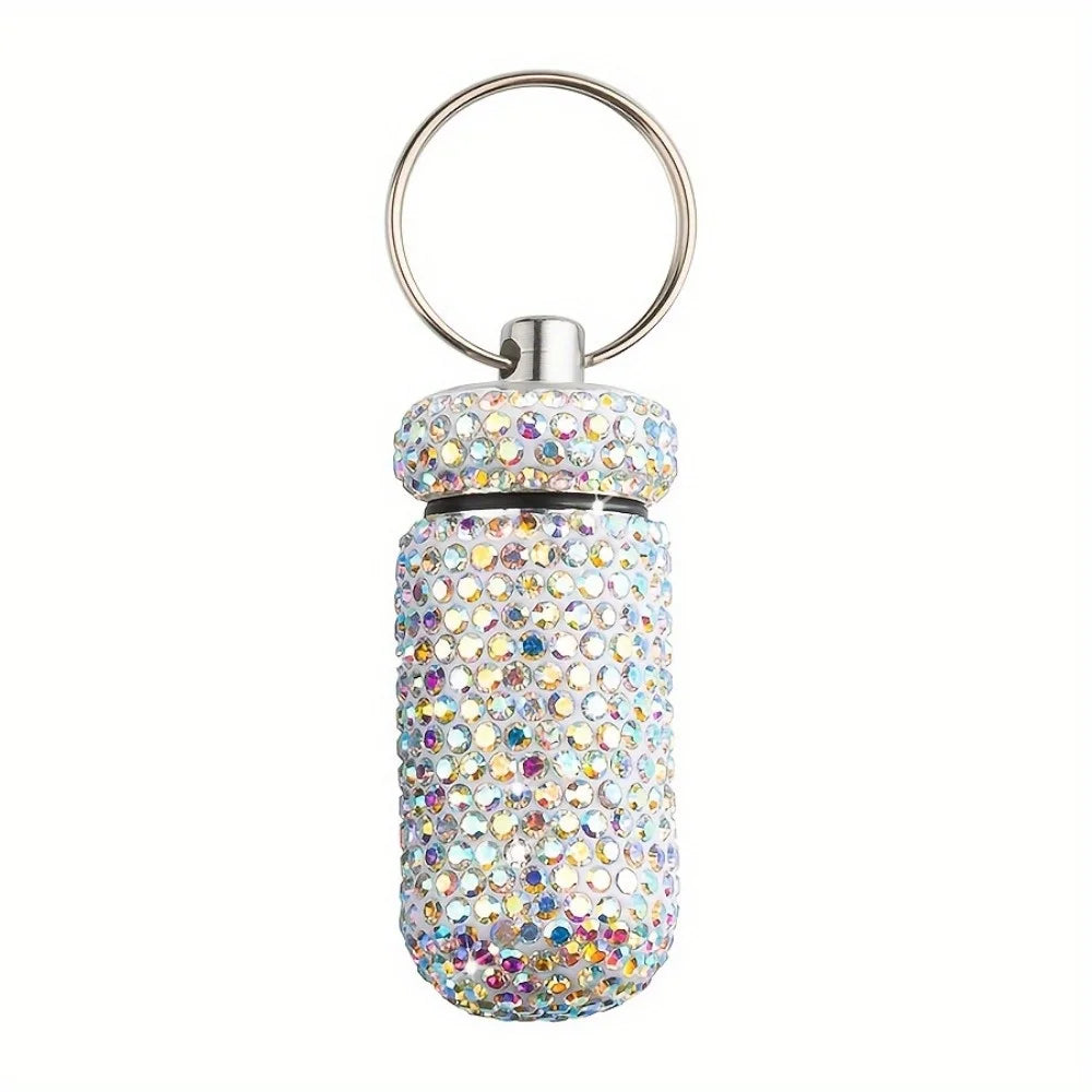 Rhinestone Pill Container Waterproof Portable Keychain Medicine Holder (Multicolour)