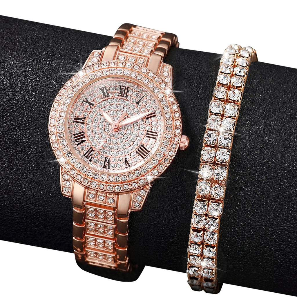 Luxury Silver Diamond Watch Bracelet Set Women Quartz (Silver)