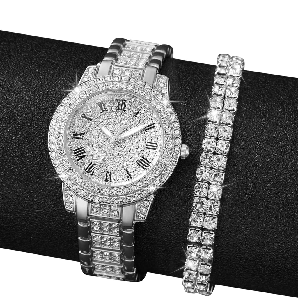 Luxury Silver Diamond Watch Bracelet Set Women Quartz (Silver)