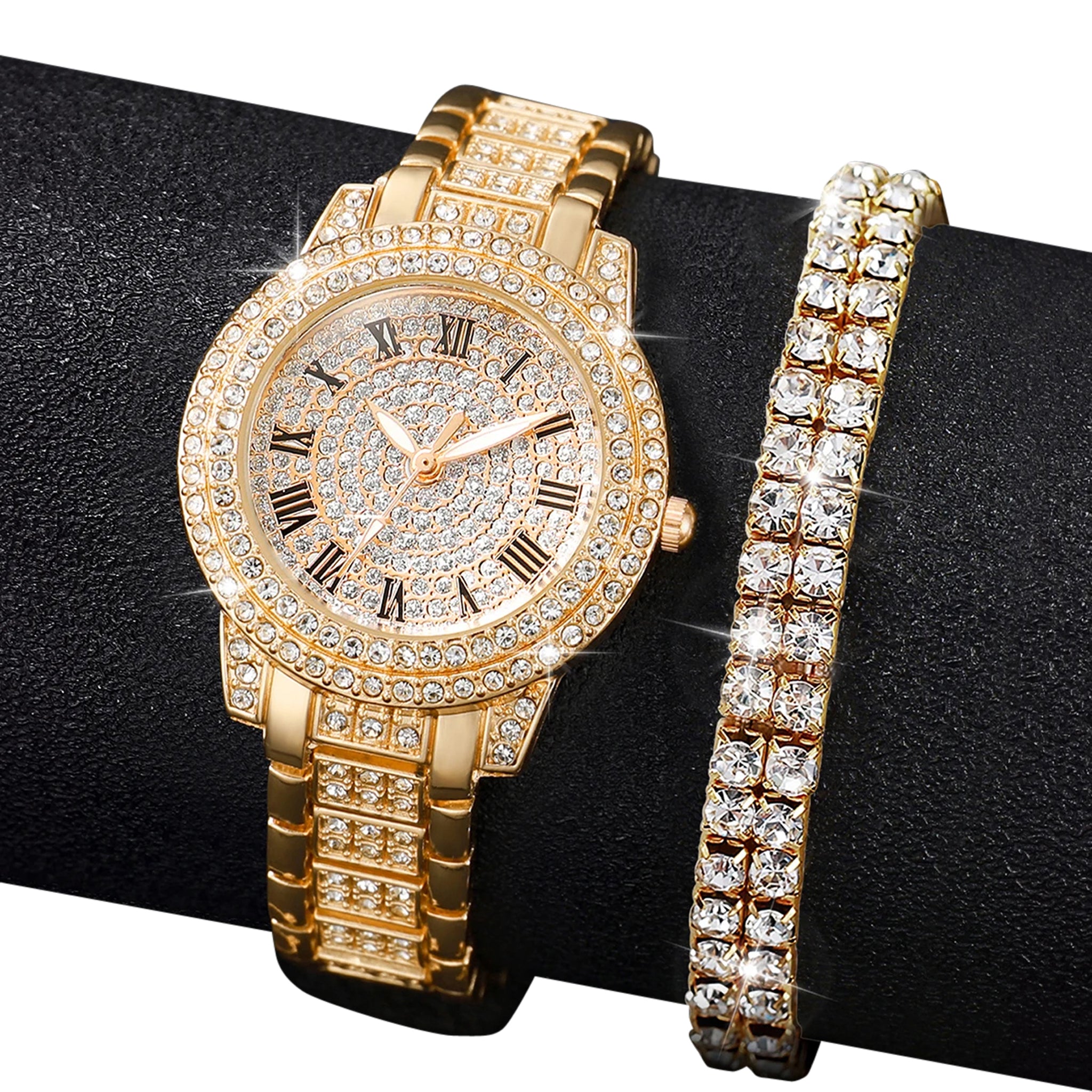 Luxury Gold Diamond Watch Bracelet Women Set (Rose Gold)