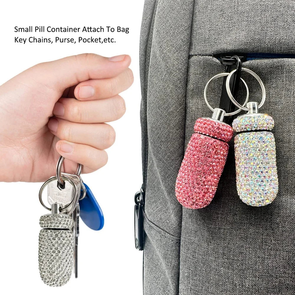 Rhinestone Pill Container Waterproof Portable Keychain Medicine Holder (Multicolour)