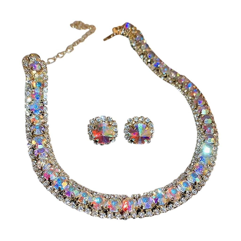 Luxury Square Necklace Earrings Set Elegant Women Jewelry (Pink)