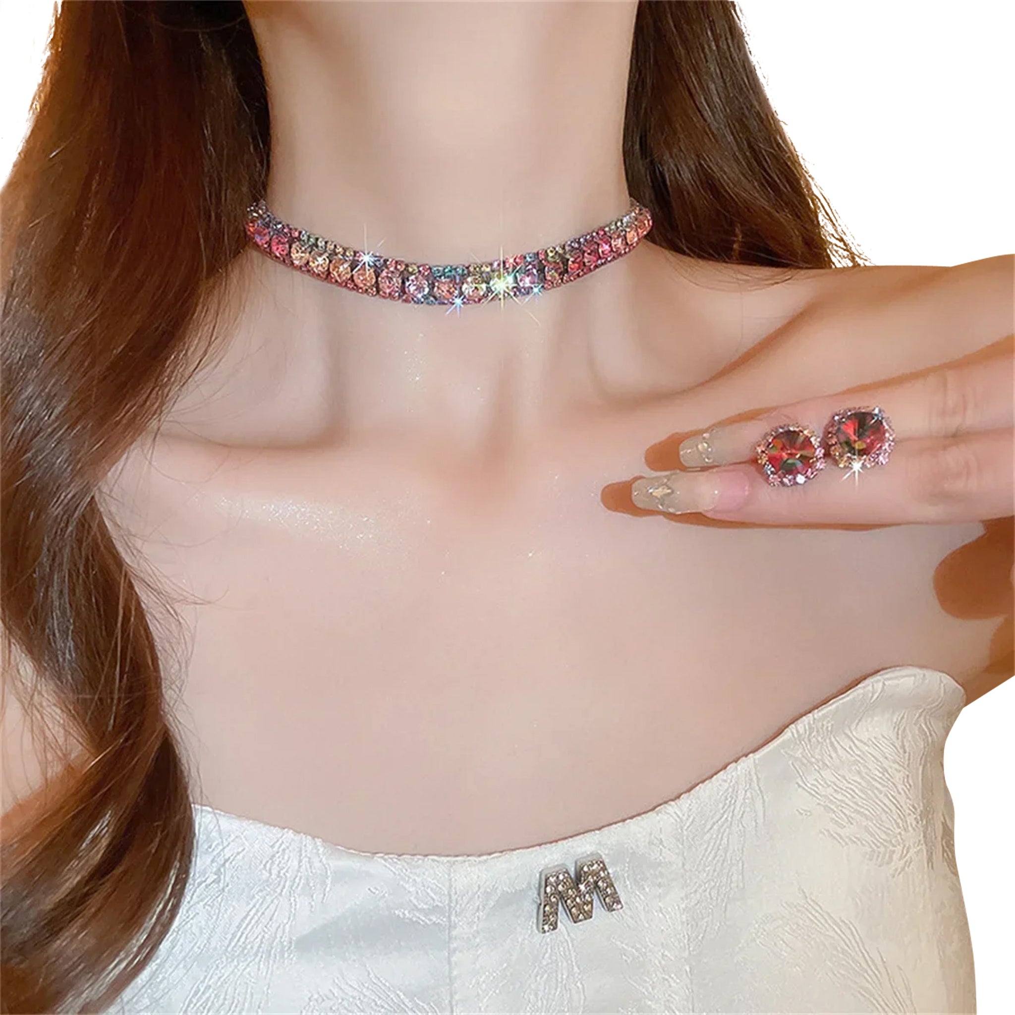 Luxury Square Necklace Earrings Set Elegant Women Jewelry (Pink)