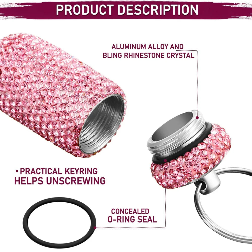 Rhinestone Pill Container Waterproof Portable Keychain Medicine Holder (Multicolour)