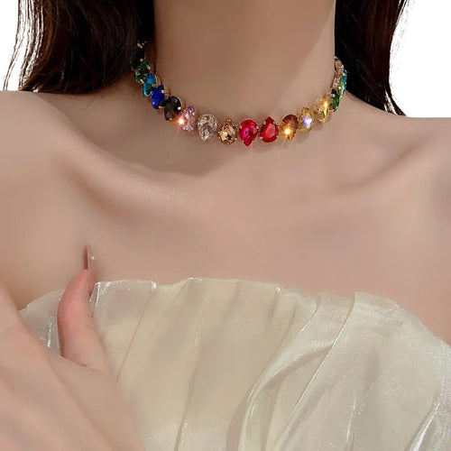 Colorful Rhinestone Water Drop Choker Women Luxury Necklace.