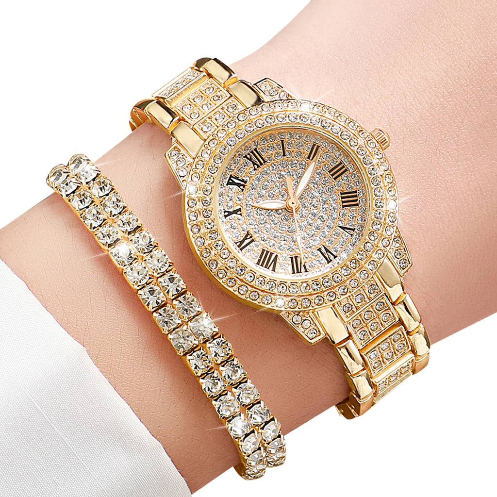 Luxury Silver Diamond Watch Bracelet Set Women Quartz (Silver)