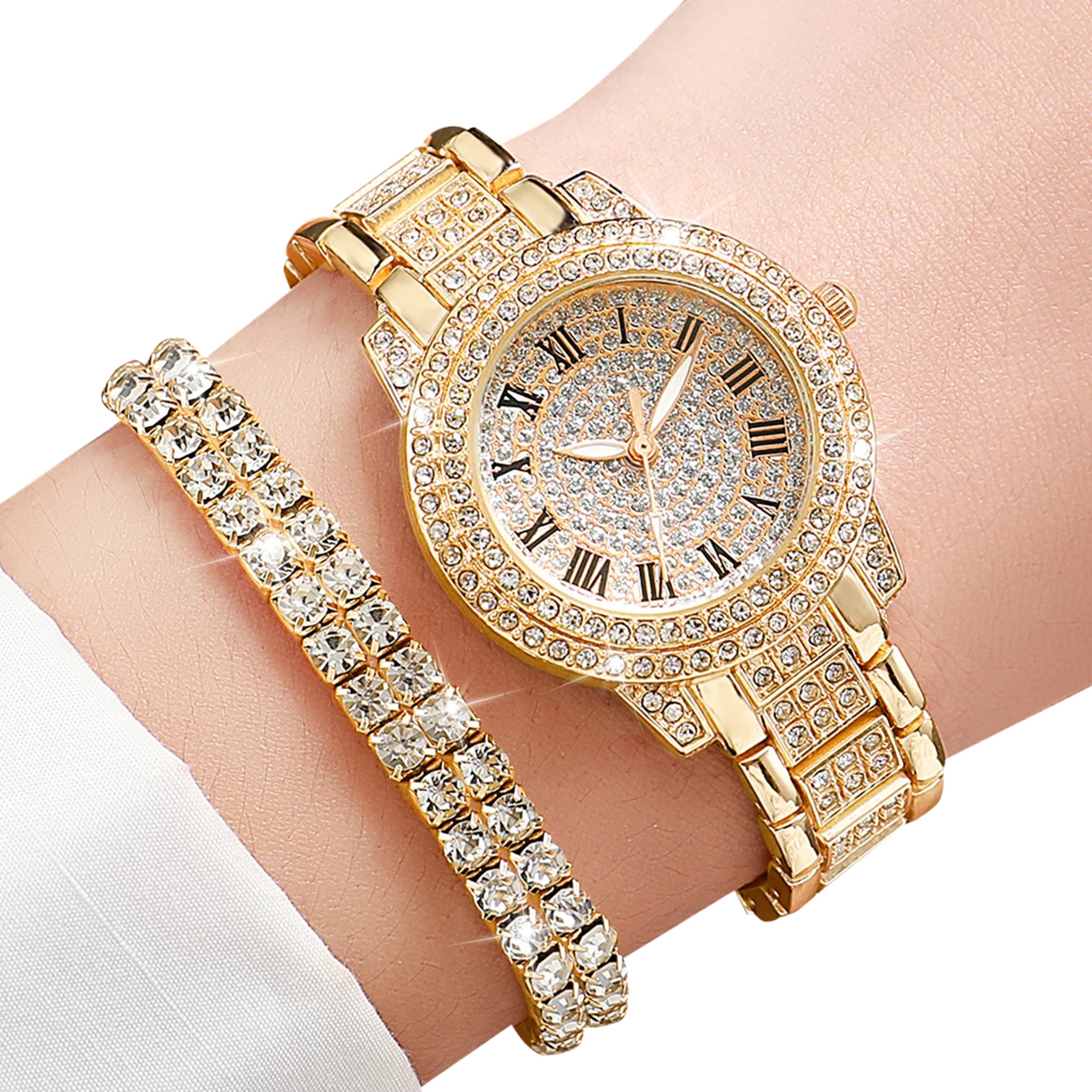 Luxury Gold Diamond Watch Bracelet Women Set (Rose Gold)