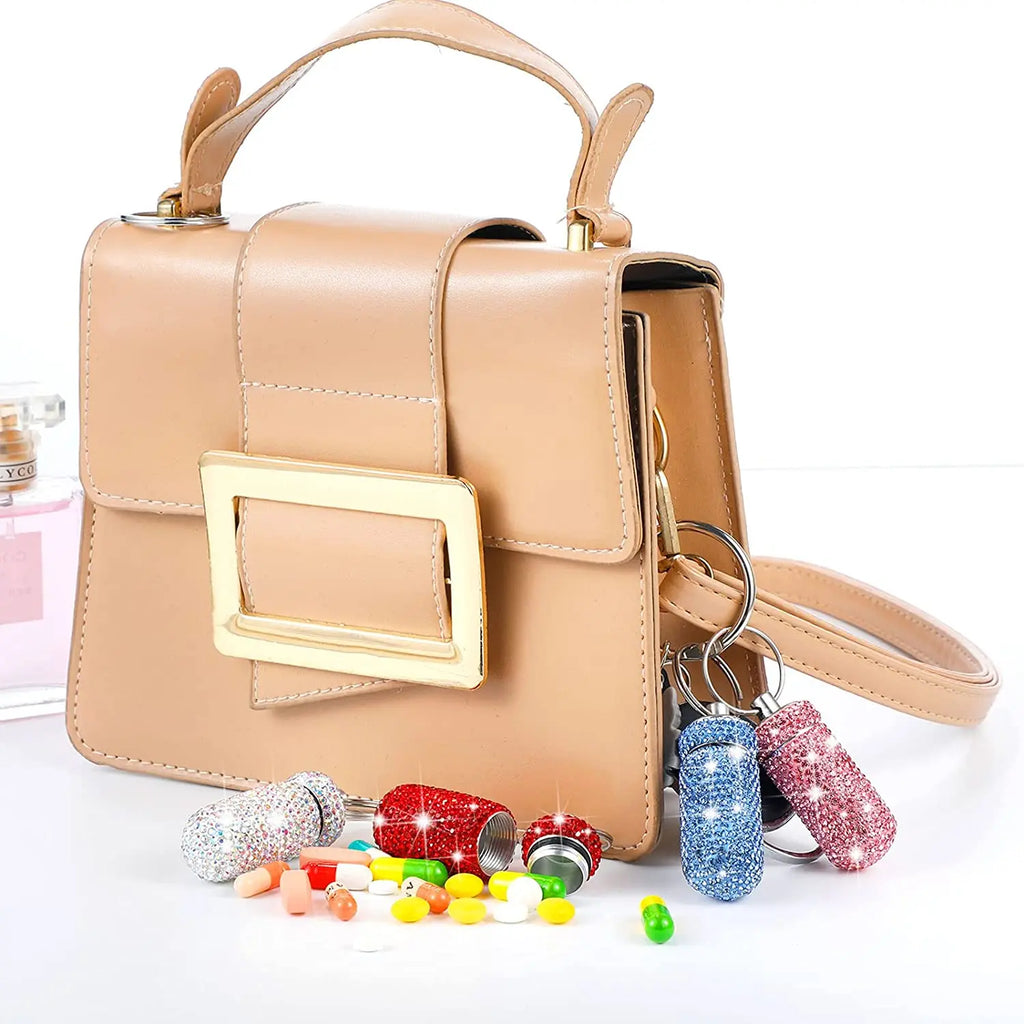 Rhinestone Pill Container Waterproof Portable Keychain Medicine Holder (Multicolour)