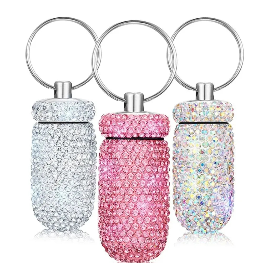 Rhinestone Pill Container Waterproof Portable Keychain Medicine Holder (Multicolour)