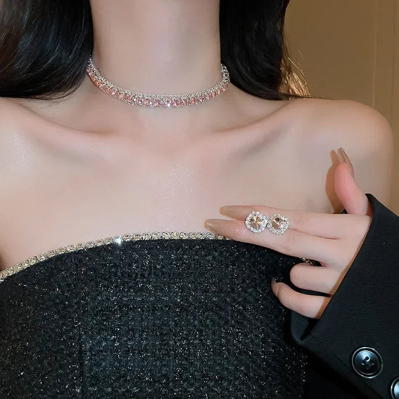 Luxury Pink Crystal Necklace Earrings Set