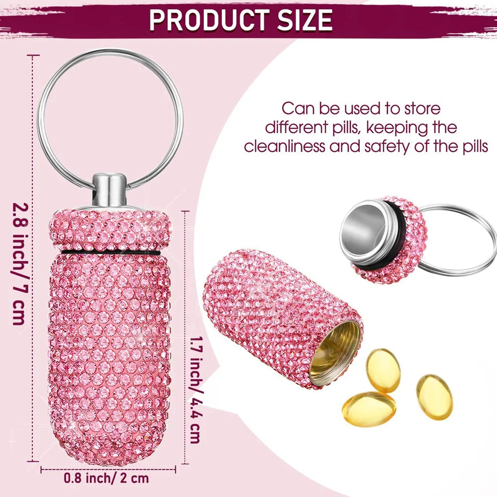 Rhinestone Pill Container Waterproof Portable Keychain Medicine Holder (Multicolour)